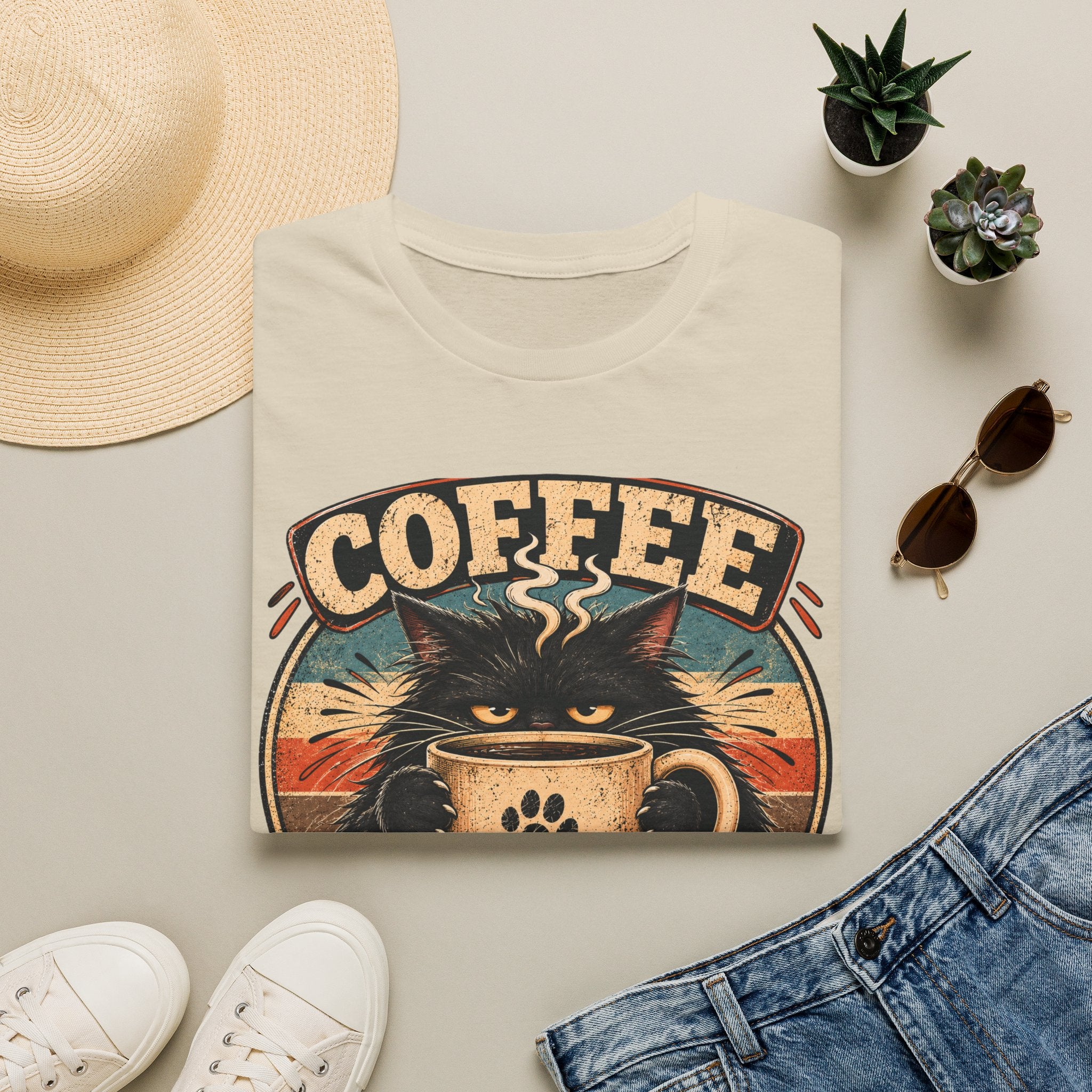 Coffee Cat T-Shirt — "Coffee First, Humans... Maybe" Retro Cat Lover Tee