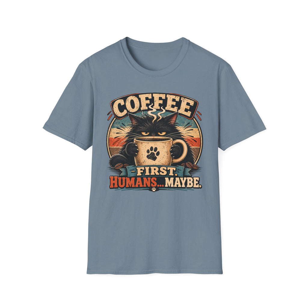 Coffee Cat T-Shirt — "Coffee First, Humans... Maybe" Retro Cat Lover Tee