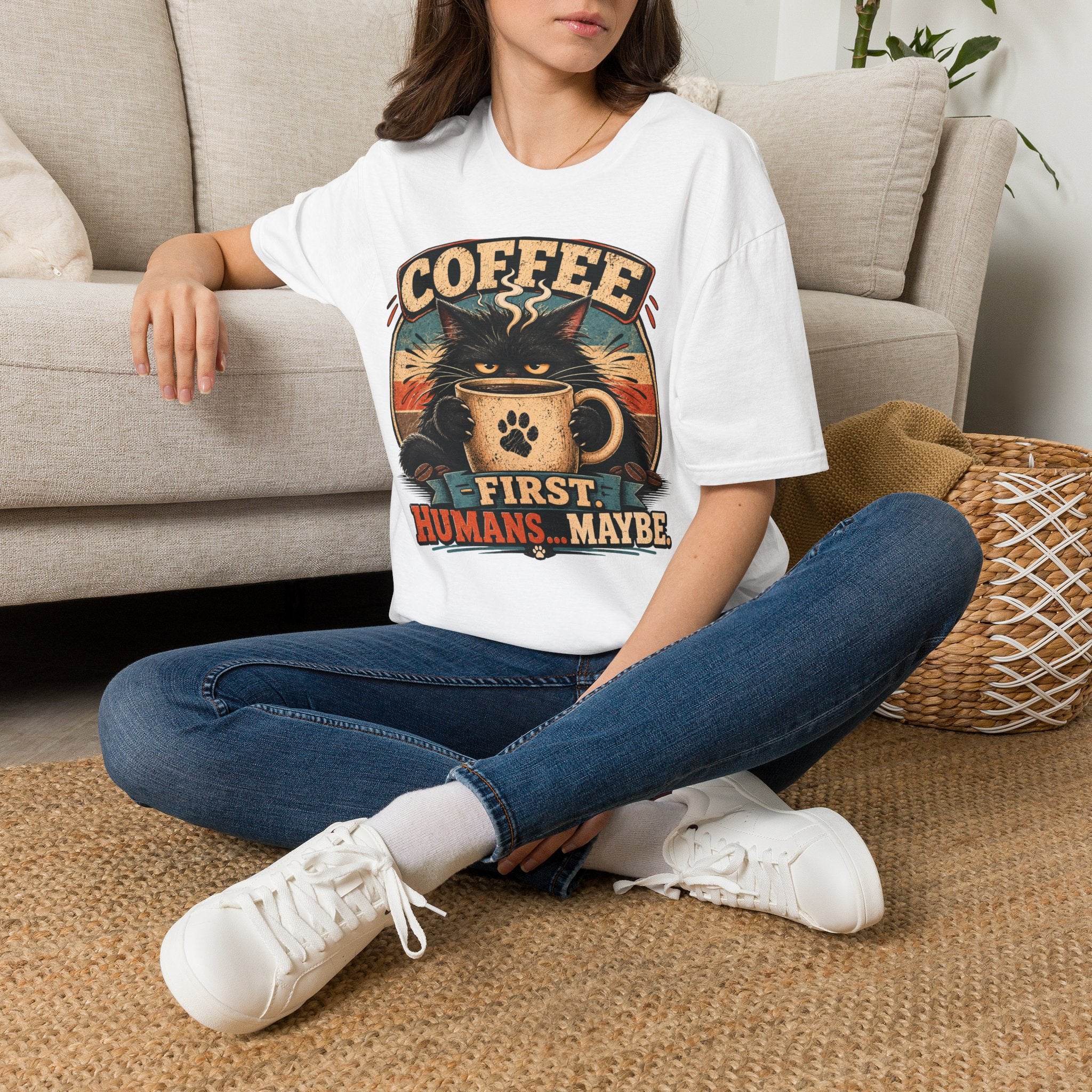 Coffee Cat T-Shirt — "Coffee First, Humans... Maybe" Retro Cat Lover Tee