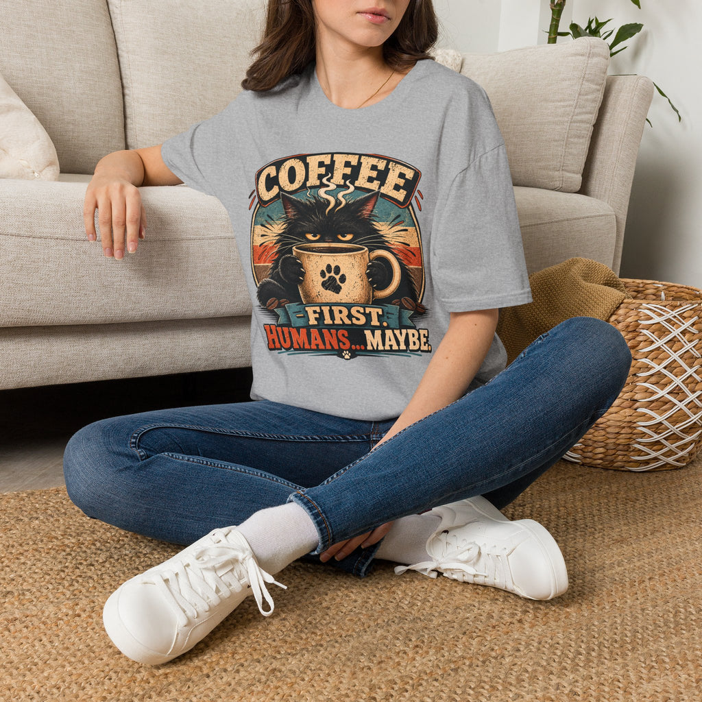 Coffee Cat T-Shirt — "Coffee First, Humans... Maybe" Retro Cat Lover Tee