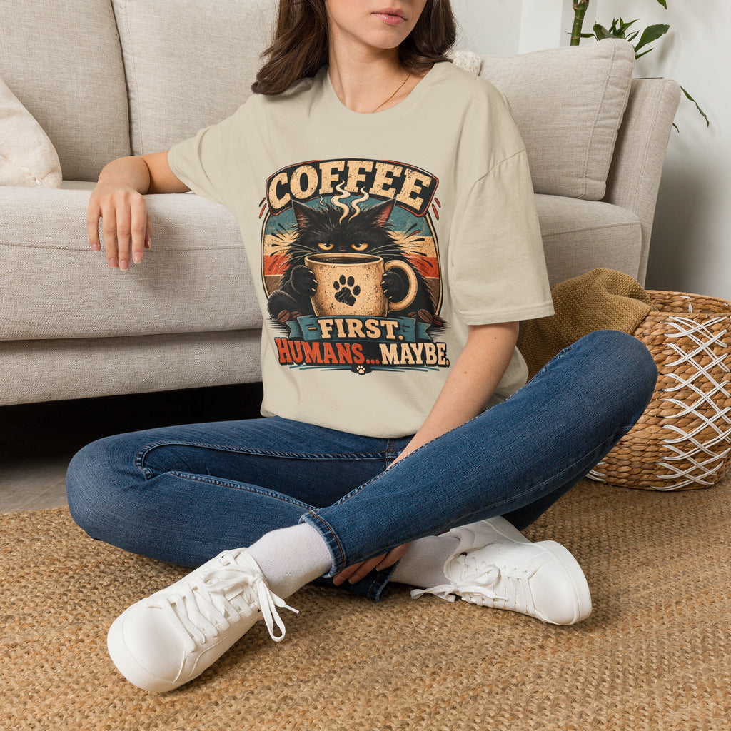 Coffee Cat T-Shirt — "Coffee First, Humans... Maybe" Retro Cat Lover Tee