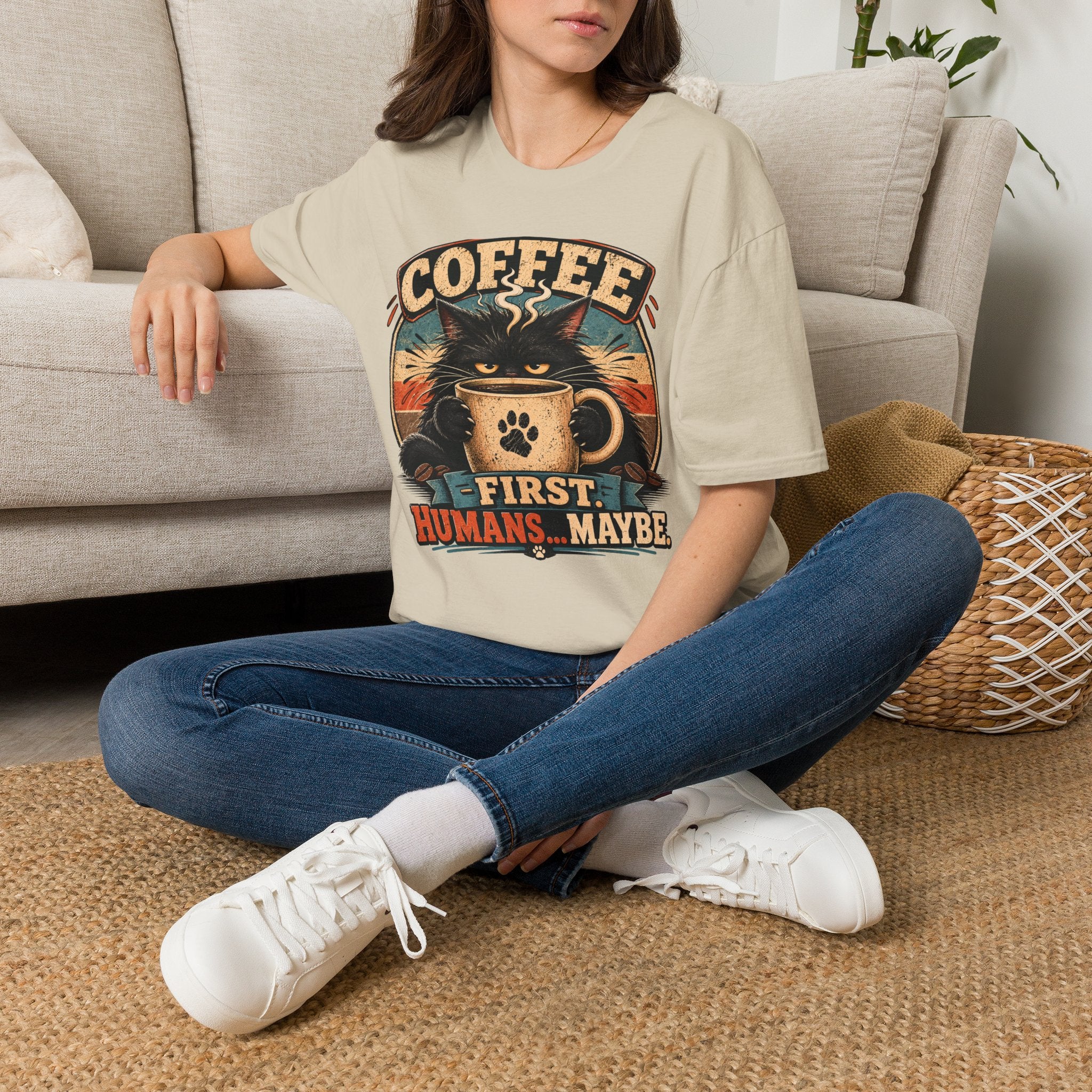Coffee Cat T-Shirt — "Coffee First, Humans... Maybe" Retro Cat Lover Tee
