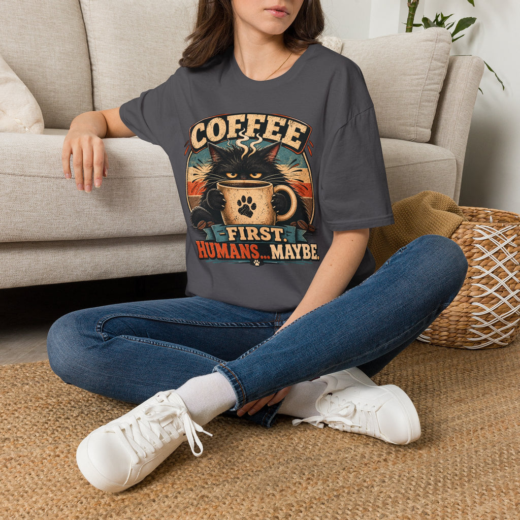 Coffee Cat T-Shirt — "Coffee First, Humans... Maybe" Retro Cat Lover Tee