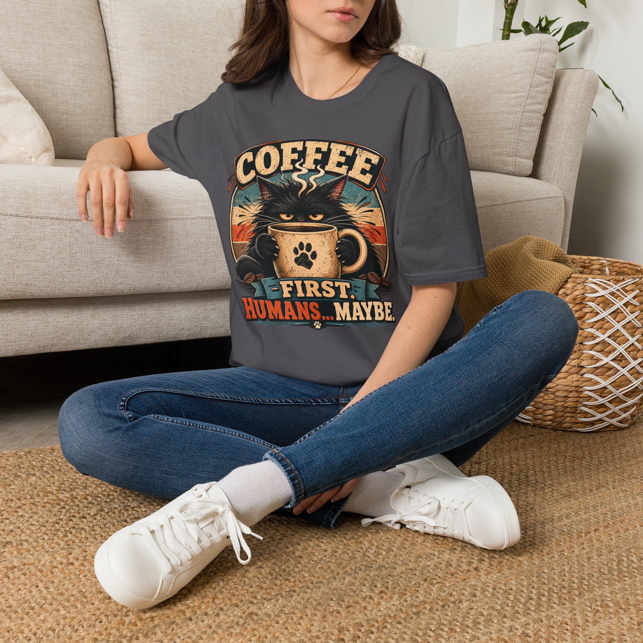 Coffee Cat T-Shirt — "Coffee First, Humans... Maybe" Retro Cat Lover Tee