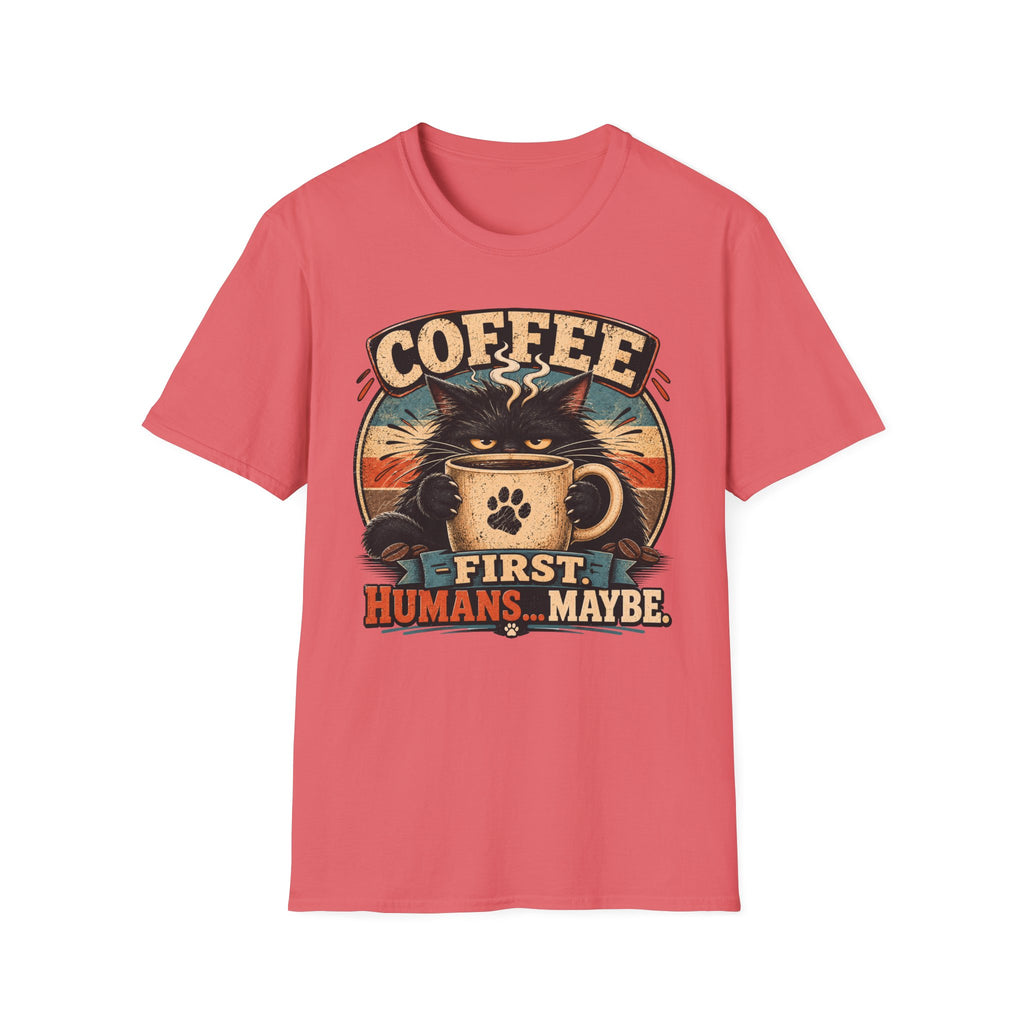 Coffee Cat T-Shirt — "Coffee First, Humans... Maybe" Retro Cat Lover Tee