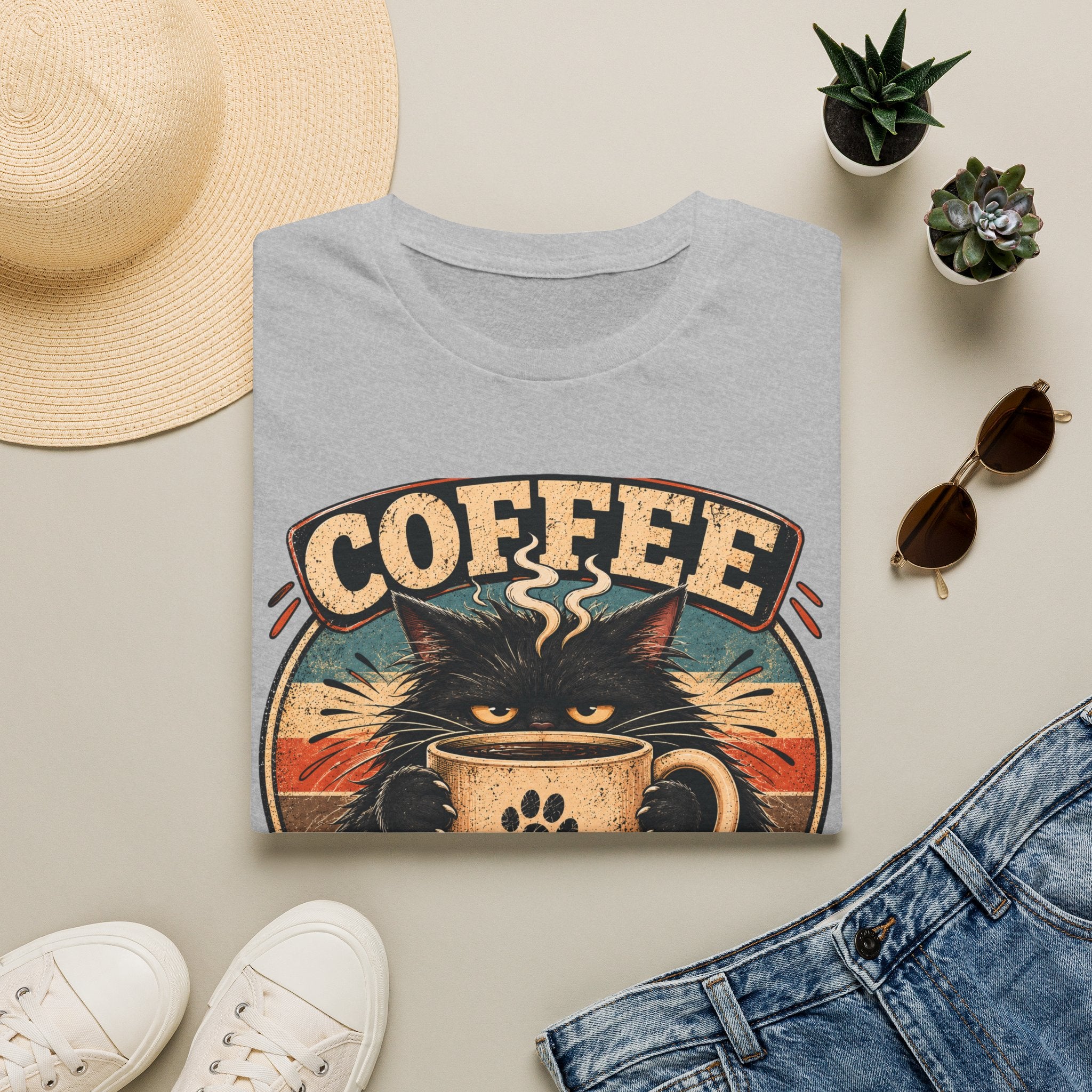 Coffee Cat T-Shirt — "Coffee First, Humans... Maybe" Retro Cat Lover Tee
