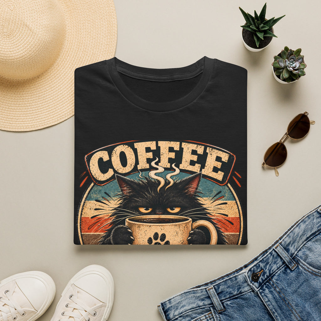 Coffee Cat T-Shirt — "Coffee First, Humans... Maybe" Retro Cat Lover Tee