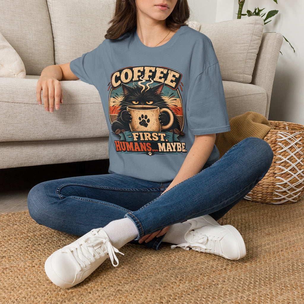 Coffee Cat T-Shirt — "Coffee First, Humans... Maybe" Retro Cat Lover Tee