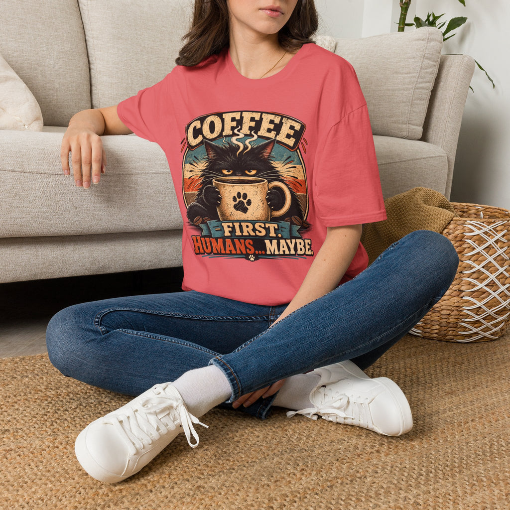 Coffee Cat T-Shirt — "Coffee First, Humans... Maybe" Retro Cat Lover Tee