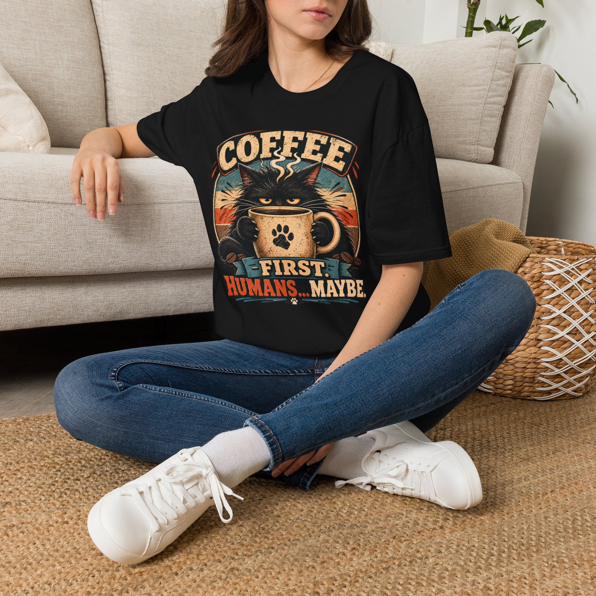 Coffee Cat T-Shirt — "Coffee First, Humans... Maybe" Retro Cat Lover Tee