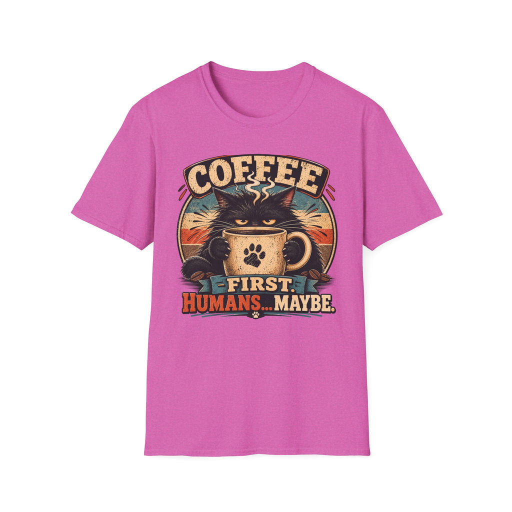 Coffee Cat T-Shirt — "Coffee First, Humans... Maybe" Retro Cat Lover Tee