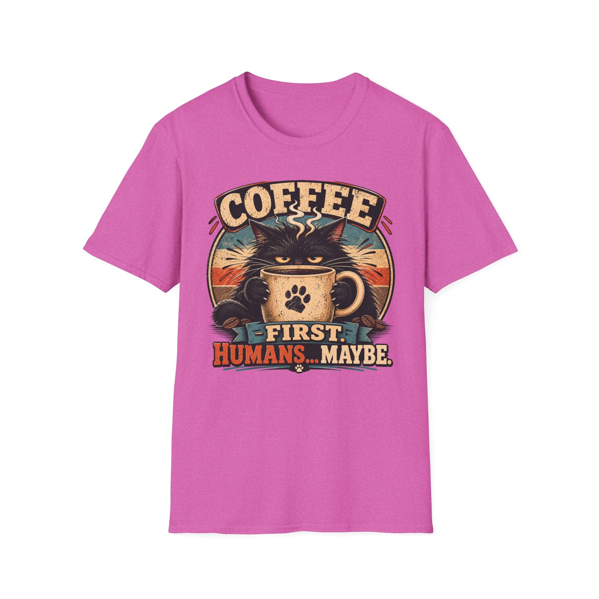 Coffee Cat T-Shirt — "Coffee First, Humans... Maybe" Retro Cat Lover Tee