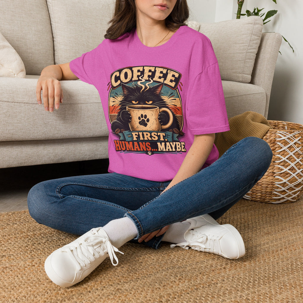 Coffee Cat T-Shirt — "Coffee First, Humans... Maybe" Retro Cat Lover Tee