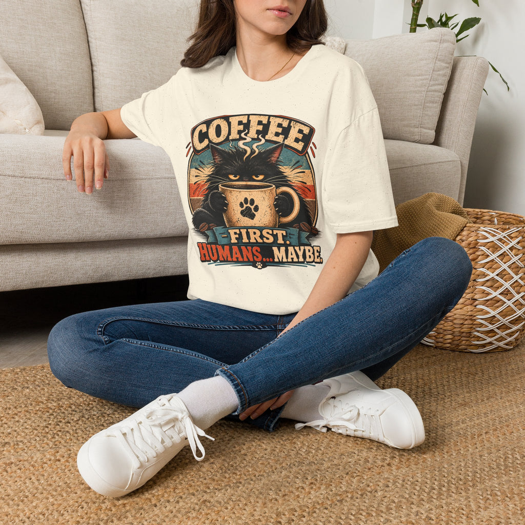 Coffee Cat T-Shirt — "Coffee First, Humans... Maybe" Retro Cat Lover Tee